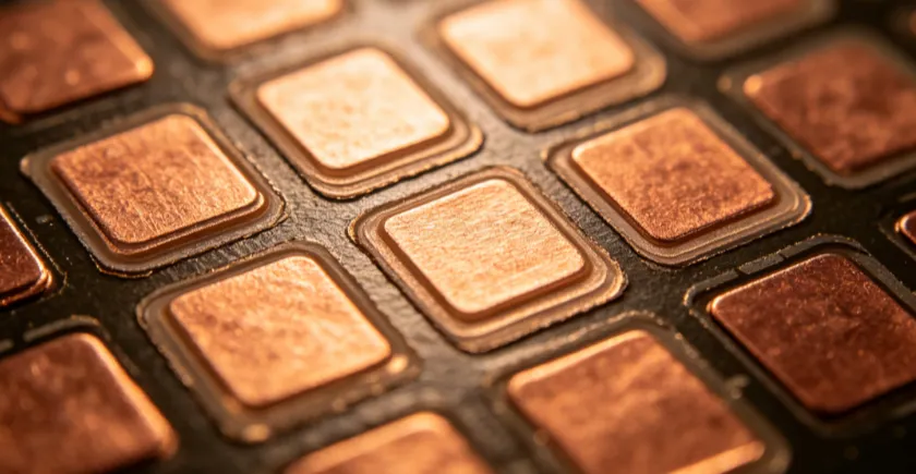 Microscopic view of lead-free HASL coating thickness on PCB copper pad