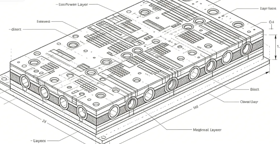 Cross-sectional view of a multilayer PCB illustrating board thickness versus hole diameter